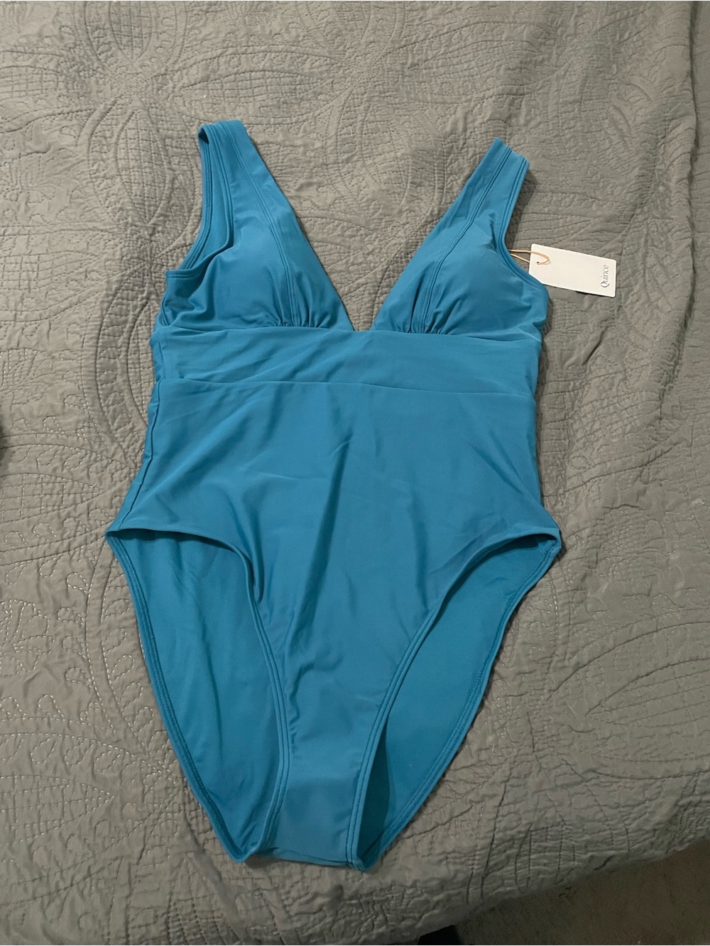 Quince plunge one piece bathing suit teal blue